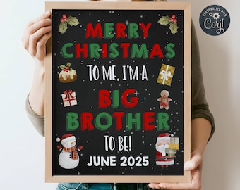 Christmas Big Brother Pregnancy Announcement Template, Printable December Holiday Baby Reveal, Editable Chalkboard Sign, Digital Download