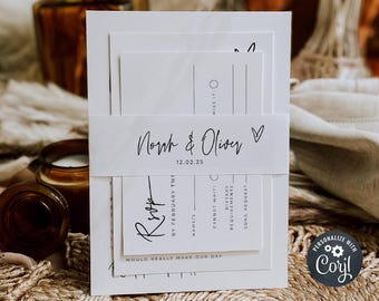 Modern Belly Band Template, Printable Minimalist Wedding Invitation Belly Band, Editable Simple Heart Invite Wrap, Digital Download, #MW4