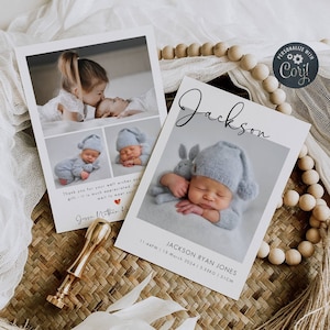 Modèle de faire-part de naissance nouveau-né, carte de naissance imprimable avec photo script moderne, faire-part de naissance minimaliste modifiable, téléchargement immédiat