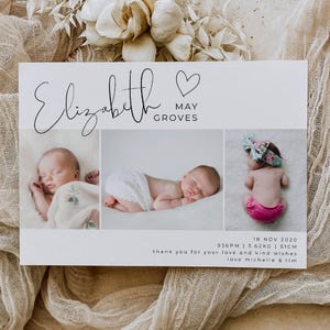 Editable Heart Landscape Birth Announcement Template, Printable Photo Newborn Baby Birth Announcement Card, Baby Thank You, Instant Download