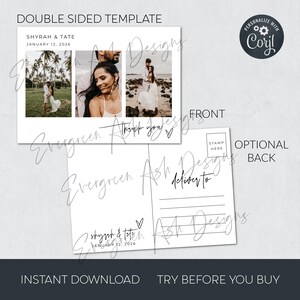 May include: A double-sided postcard template featuring a front side with three photo placeholders, the text SHYRAH & TATE, JANUARY 12, 2026, and Thank you with a heart icon. The back side includes a stamp box, lines for address, and the text deliver to.