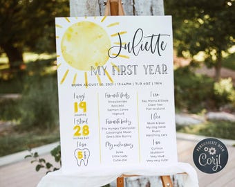 Sonnenschein Erste Geburtstag Meilensteine Zeichen Vorlage, druckbare Sun Meilensteintafel, bearbeitbare erste Reise um die Sonne, digitaler Download, #S1