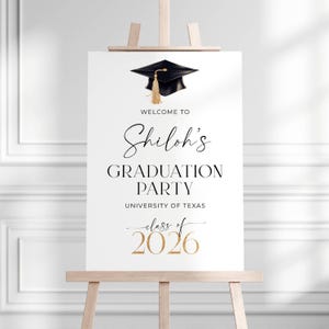 Plantilla de cartel de bienvenida para graduación, cartel de bienvenida para graduados de la promoción de 2026 imprimible, póster moderno editable para fiesta de birretes de graduación, descarga digital.