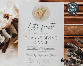 Thanksgiving Dinner Pumpkin Pie Invitation Template, Printable Minimal Friendsgiving Invite, Editable Dinner Party Invite, Instant Download