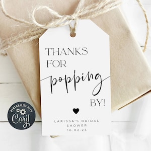 Thanks For Popping By Tag Template, Printable Bridal Shower Popcorn Favor Tag, Editable Baby Shower Champagne Gift Tag, Instant Download