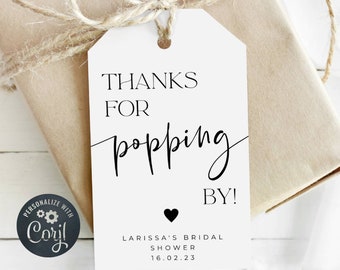 Thanks For Popping By Tag Template, Printable Bridal Shower Popcorn Favor Tag, Editable Baby Shower Champagne Gift Tag, Instant Download