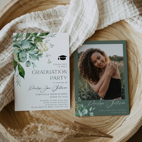 Botanical Photo Graduation Party Invitation Template, Printable Greenery Graduate Announcement, Editable Grad Party Invite, Instant Download