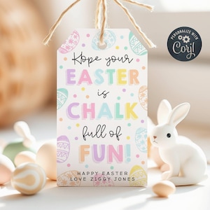Paaskrijt cadeaukaartjesjabloon, afdrukbaar krijt vol plezier Easter Basket Favor Tags, bewerkbare pastel paaseieren tag, Instant Download
