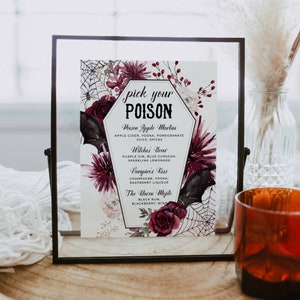 Halloween Gothic Floral Pick Your Poison Bar Menu Template, Printable Drinks Sign, Editable Spooky Cocktail List, Instant Download, #H1