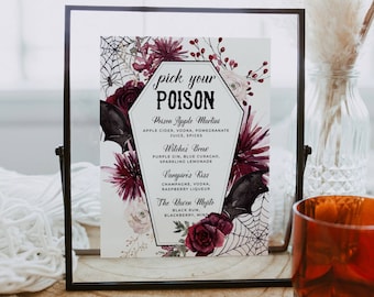 Halloween Gothic Floral Pick Your Poison Bar Menu Template, Printable Drinks Sign, Editable Spooky Cocktail List, Digital Download, #H1