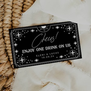 Plantilla de token de bebida de boda de tarjeta de tarot, boleto de bebida gótica de Halloween imprimible, vale de bebida celestial editable, descarga instantánea, #H9