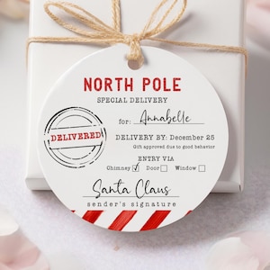 Printable North Pole Special Delivery Tag Template, Editable Santa Gift Tags, Circle Fun Kids Christmas Tags From Santa, Instant Download