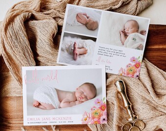 Könnte beinhalten: Zwei rechteckige Geburtsanzeigekarten mit Fotos eines Neugeborenen. Die Karten enthalten den Text Hello world, Emilia Jane McKenzie, 16. Dezember 2026, 3,21 kg, 51 cm sowie eine Dankesbotschaft und sind mit aquarellartigen Blumenillustrationen verziert.