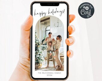 Modern Electronic Arch Photo Holiday Card Template, Editable Family Photo Digital Christmas Card, Minimal Xmas Text Message Digital Download