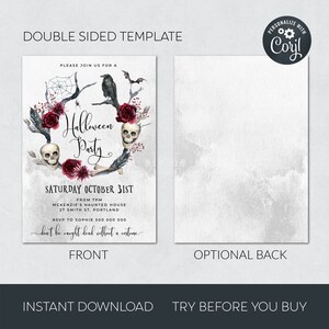 May include: A printable Halloween party invitation template with a watercolor wreath of red roses, skulls, and a raven. The text reads "Halloween Party" and includes details for the event, such as the date, time, location, and RSVP information. The text "Don't be caught dead without a costume" is included at the bottom.
