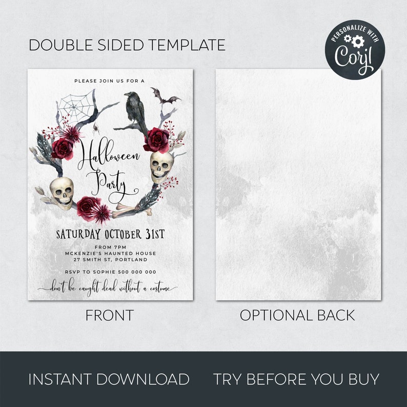 May include: A printable Halloween party invitation template with a watercolor wreath of red roses, skulls, and a raven. The text reads "Halloween Party" and includes details for the event, such as the date, time, location, and RSVP information. The text "Don't be caught dead without a costume" is included at the bottom.