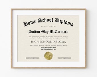 May include: A framed diploma with a gold seal, certifying that Sutton May McCormack has earned a High School Diploma. The diploma is dated June 2025.