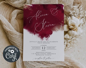 Burgundy Watercolor Wedding Invitation Template, Printable Maroon & Gold Wedding Invite, Editable Modern Wedding, Instant Download, #WC2