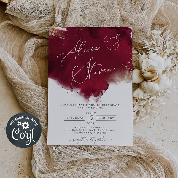 Burgundy Watercolor Wedding Invitation Template, Printable Maroon & Gold Wedding Invite, Editable Modern Wedding, Instant Download, #WC2