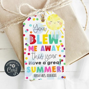 Plantilla de etiqueta de regalo "You Blew Me Away", etiquetas de fin de año escolar imprimibles, etiquetas preescolares editables "Haz un gran verano con burbujas", descarga instantánea