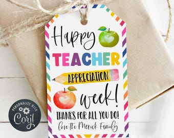 Happy Teacher Appreciation Week Gift Tag Template, Printable Thank You Favor Tags, Editable Pencil Apple School Treat Tag, Instant Download
