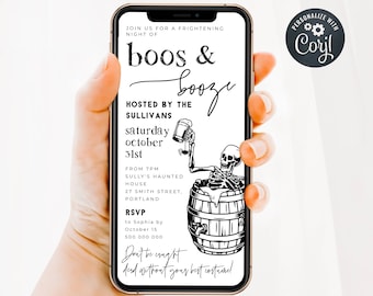 Electronic Skeleton Boos & Booze Halloween Party Invitation Template, Editable Minimal Adult Halloween Digital Evite, Digital Download, #SK