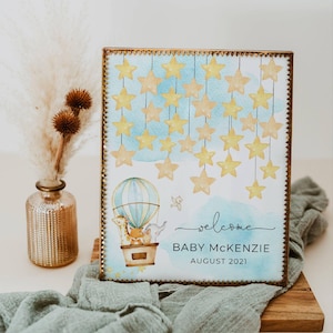 Baby Shower Guestbook Sign Template, Printable Hot Air Balloon Signature Guest Book, Editable Stars Signature Poster, Instant Download, #HA