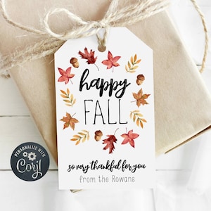 Happy Fall Gift Tag Template, Printable Hello Fall Gift Tag, Editable Thanksgiving Favor Tag, Thankful For You Leaves Tag, Instant Download