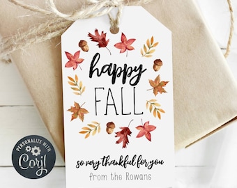 Happy Fall Gift Tag Template, Printable Hello Fall Gift Tag, Editable Thanksgiving Favor Tag, Thankful For You Leaves Tag, Digital Download