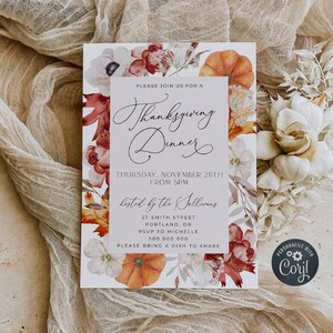 Autumn Floral Thanksgiving Invitation Template, Printable Pumpkin Friendsgiving Potluck Dinner Invite, Editable Invitation, Instant Download