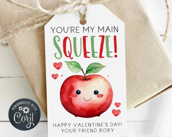 You're My Main Squeeze Valentine's Day Gift Tag Template, Printable Apple Valentine Tag, Editable Applesauce Pouch Tag, Digital Download