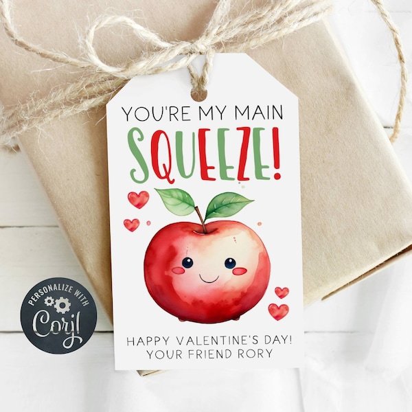 You're My Main Squeeze Valentine's Day Gift Tag Template, Printable Apple Valentine Tag, Editable Applesauce Pouch Tag, Instant Download