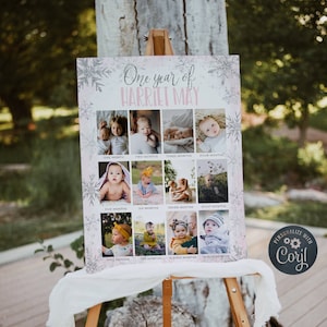 Plantilla de collage de fotos de primer cumpleaños de Winter Onederland Pink, cartel imprimible y editable del primer año de la niña con copos de nieve, descarga instantánea, #WP