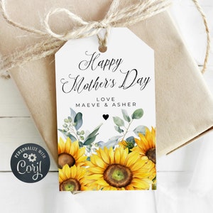 Modèle d'étiquette cadeau tournesol fête des mères, étiquette de faveur verdure fête des mères imprimable, étiquette florale modifiable pour maman, téléchargement immédiat