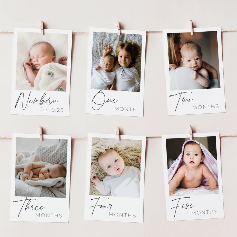 First Birthday Photo Banner Template, Editable Baby's 1st Year Monthly Milestone Cards, Printable Modern Photo Garland, Instant Download B1 image 2