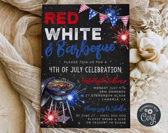 4th Of July BBQ Invitation Template, Printable Independence Day Barbeque Invite, Editable Fireworks Patriotic Party Invite, Digital Download