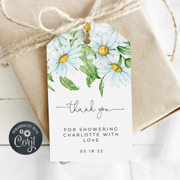 Daisy Bridal Shower Favor Tag, Printable White Daisies Gift Tags, Editable White Floral Shower Thank You Tags, Instant Download, #DT