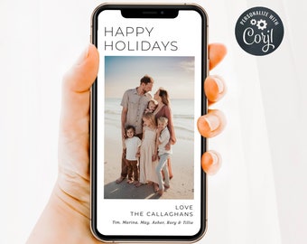 Electronic Modern Photo Holiday Card Template, Editable Family Photo Digital Christmas Card, Text Message Xmas Greetings, Digital Download