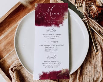 Modello di menu con acquerelli bordeaux, biglietti per menu di nozze stampabili in bordeaux e oro, menu moderni modificabili per la cena, download digitale, #WC2