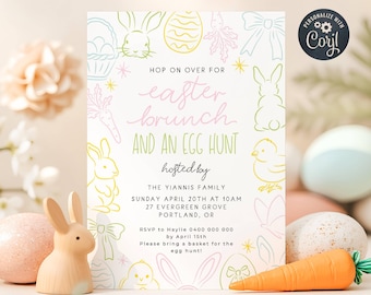 Doodles Easter Brunch Invitation Template, Printable Whimsical Egg Hunt Invite, Editable Hand Drawn Bunnies Invite, Digital Download, #E3