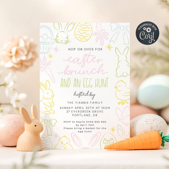 Doodles Easter Brunch Invitation Template, Printable Whimsical Egg Hunt Invite, Editable Hand Drawn Bunnies Invite, Instant Download, #E3