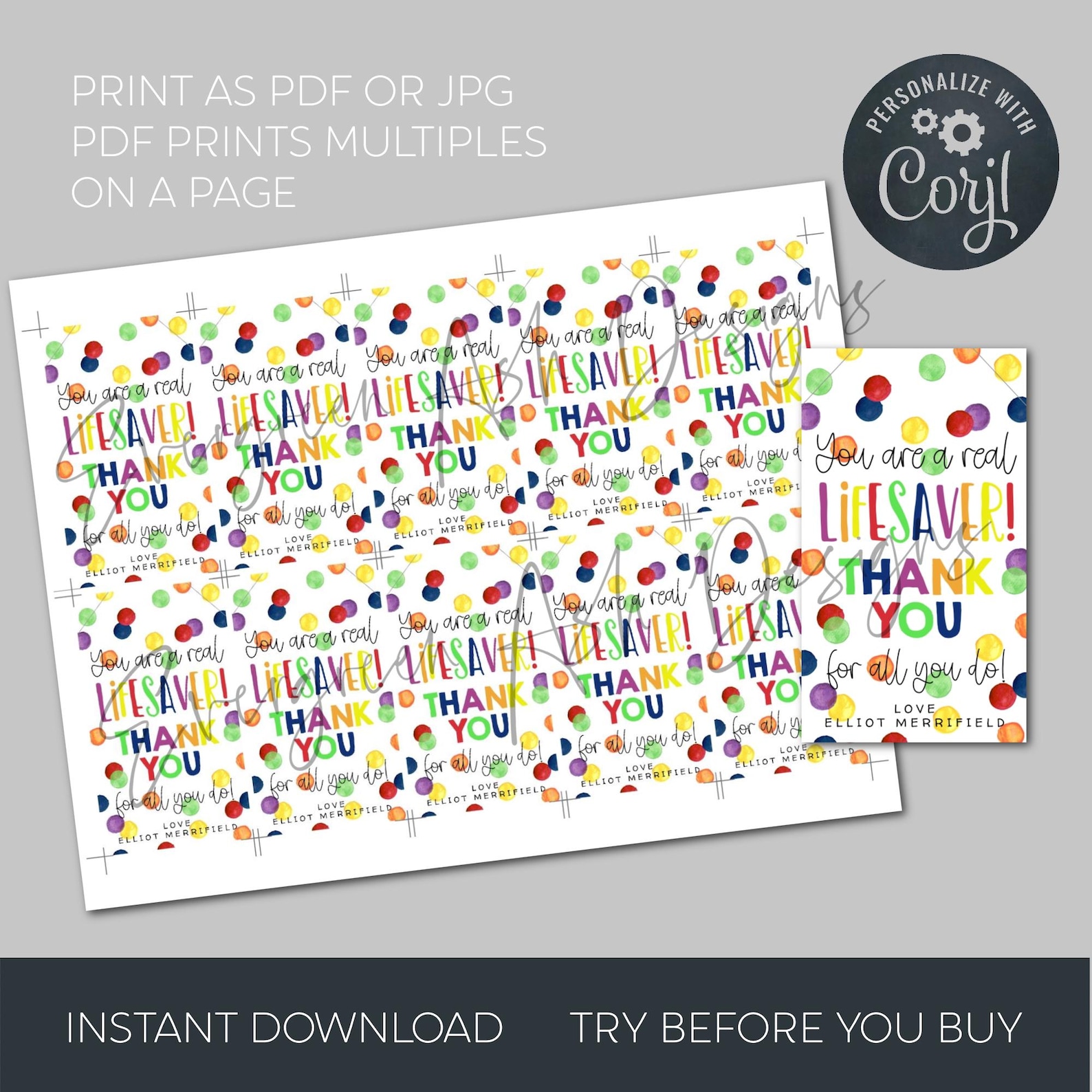 You Are A Lifesaver Gift Tag Template, Printable Teacher Staff Candy ...