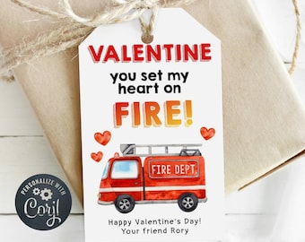 Fire Truck Valentine's Day Gift Tag Template, Printable Fire Engine Valentine Favor Tag, Editable You Set My Heart On Fire, Digital Download