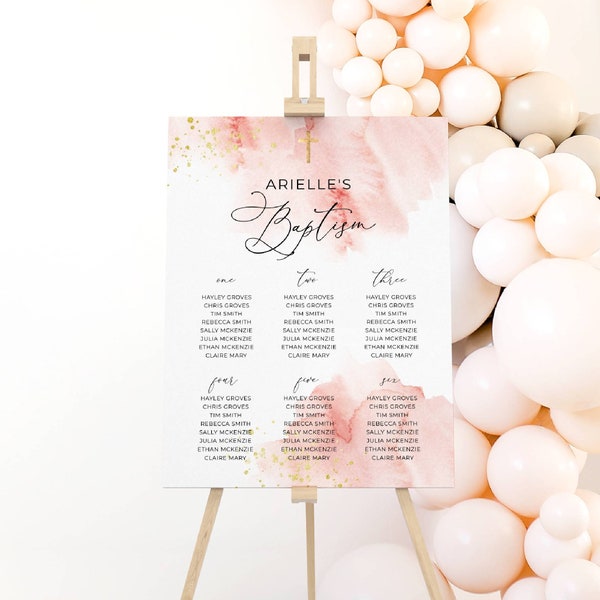 Blush Pink & Gold Baptism Seating Plan Template, Printable Girls Watercolor Christening Sign, Religious Seating Chart, Instant Download, #PB