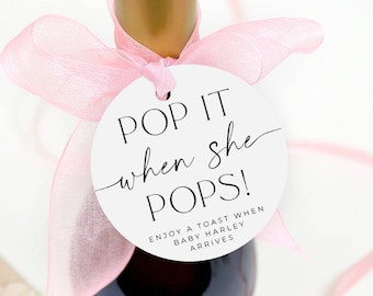 Plantilla de etiqueta redonda "Pop It When She Pops", etiqueta imprimible moderna para baby shower con champán, etiquetas editables para minibotellas, descarga instantánea