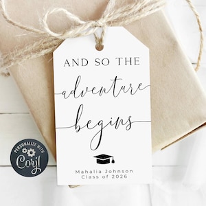 Plantilla de etiqueta para recuerdo de graduación, Y así comienza la aventura, Etiqueta imprimible para regalo de fiesta de graduación, Etiqueta editable para graduados, Descarga digital, #G1