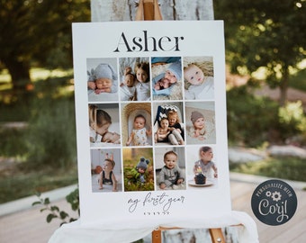 Baby's First Year Photo Poster Template, Printable First Birthday Photo Collage Template, Editable Year In Pictures Board, Digital Download