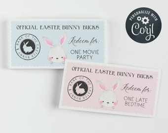 Printable Easter Bunny Bucks Coupon Template, Editable Kids Easter Egg Hunt Voucher, Personalized Dollar Bill Egg Stuffers, Digital Download