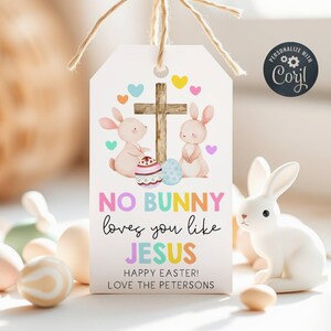 Nenhum coelho te ama como Jesus Modelo de etiqueta para presente de Páscoa, etiqueta para lembrancinha de cesta de Páscoa religiosa para impressão, etiqueta para guloseimas editável, download instantâneo