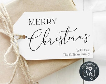 May include: A gift tag with the words "MERRY Christmas" in black script. The tag is attached to a wrapped gift with twine. The words "With love. The Sullivan Family" are also on the tag.